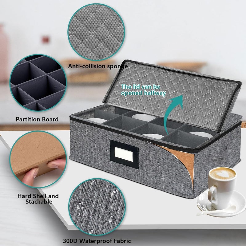 VERONLY Mug and Cup Storage Box with Dividers, Coffee Mug Storage Case China Storage Containers Hard Shell with Lid and Handles, Stackable for 12 Coffee Mugs, Tea Cups, Moving & Packing (Dark Grey) - Image 4